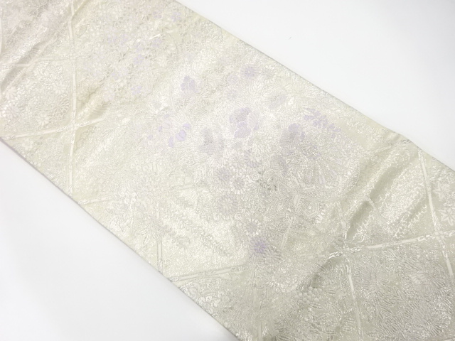 JAPANESE KIMONO / ANTIQUE FUKURO OBI / SILK / WOVEN FLORAL CART & GRID